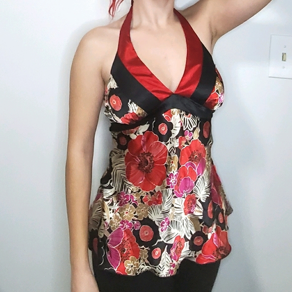 La Belle Tops - La Belle Red Black Silky Halter Floral Top